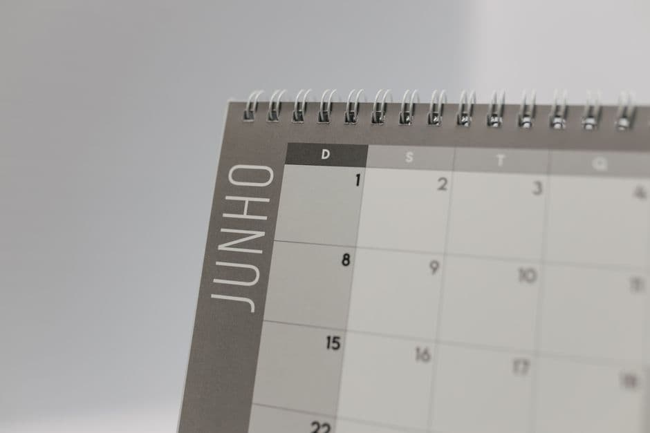 A close-up of a spiral-bound calendar page