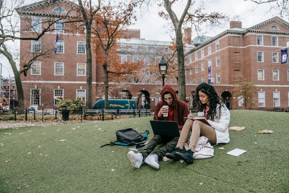 Two young people studying together in a park