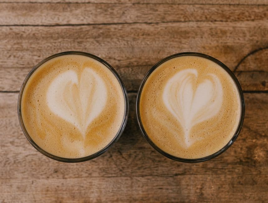 Two cups of coffee side by side on a wooden table