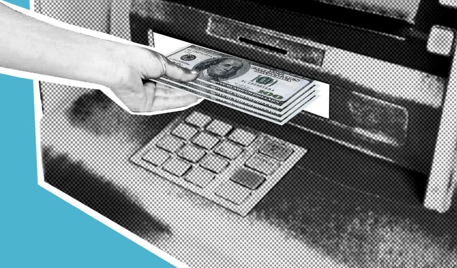 A paper cut-out illustration of banknotes being withdrawn from a cash machine