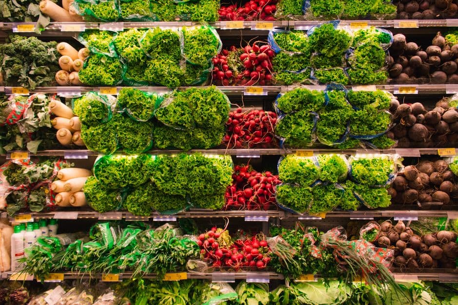Assorted fresh vegetables on a market display