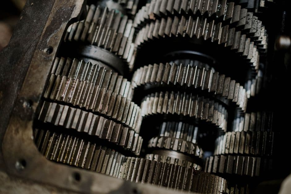 A close-up of interlocking mechanical gears